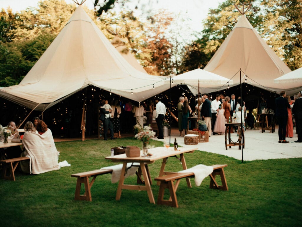 Tipi marquee outside The Sheriffs wedding venue at White Heron Estate Herefordshire